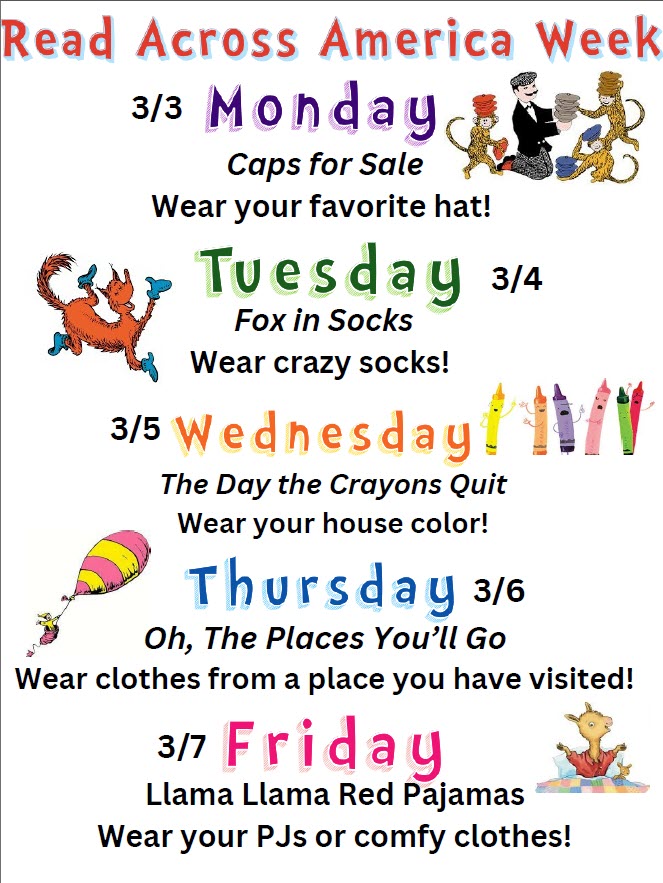 poster detailing the events for read across america week