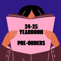 cartoon image of student reading a book with the title 24-25 yearbook preorders